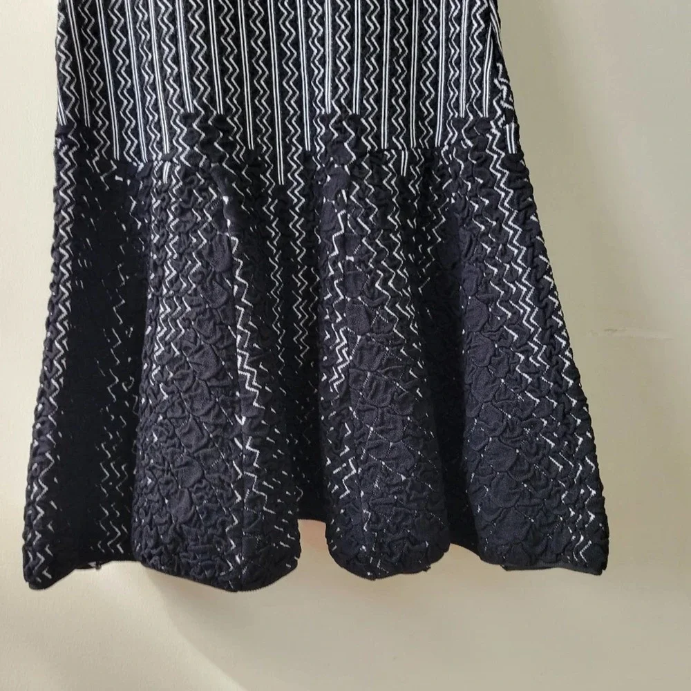 RVN Chevron 3D Jacquard Square Neck Flare Dress Black White Sz Large - Picture 5 of 9